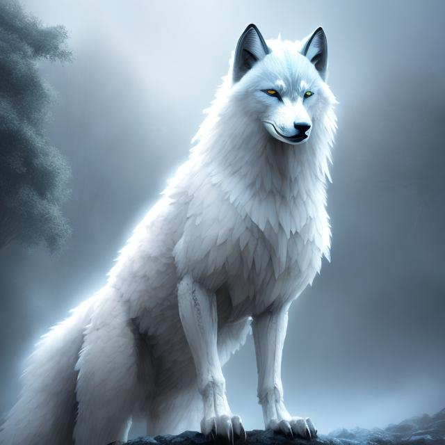 Prompt: White winged wolf, digital painting, ethereal mist surrounding, piercing blue eyes, majestic stance, high quality, detailed fur, fantasy, surreal, cool tones, mystical lighting