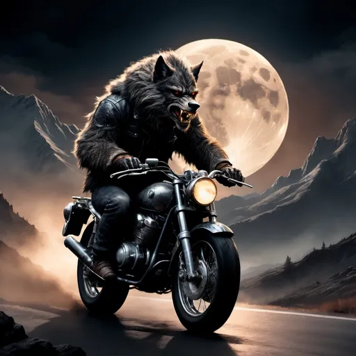 Prompt: (wolfman on motorcycle), rugged and fierce appearance, intricately detailed fur, intense facial expression, roaring wind, dynamic and adventurous vibe, dark atmospheric backdrop, mountains silhouette, full moon casting soft glow, warm colors, cinematic depth, ultra-detailed, capturing a moment of wild freedom, tense power, thrilling scene combining nature and machines.