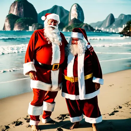 Prompt: Santa Clause on the beach in Rio, Brazil with a lady