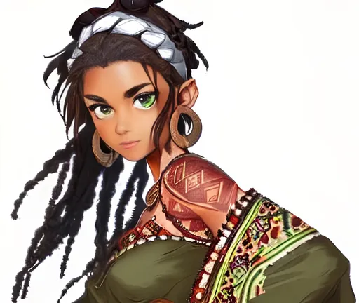 Prompt: female ,  dark brown skin , fluffy short brown hair , green eyes , red shirt ,  Bedouin clothes , forehead tattoo , short horns , sharp ears 