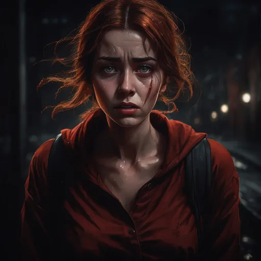 Prompt: Brave young woman facing fear in a dangerous environment, hand hold to chest ,determined expression, shoulder-length red/brownish hair, long skirt, long socks, urban setting, scared but brave, gritty art style, dark lighting, highres, detailed eyes, illustration , gritty, brave woman, fear, determination, urban, intense lighting, dark, detailed hair, realistic eyes, raw emotion , wet eyes , few tears 
