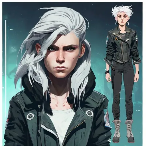 Prompt:  25-year-old woman. She possesses a confident and resilient demeanor, with a determined gaze that reflects both her past vulnerability and newfound strength. Her features are subtly futuristic, with a practical yet stylish outfit—perhaps a worn jacket adorned with patches, sturdy pants, and boots. The hair, initially of a natural color, gradually turns white over time, symbolizing her evolving journey within the mysterious research facility. The character's appearance should convey a blend of curiosity, courage, and the weight of her experiences.