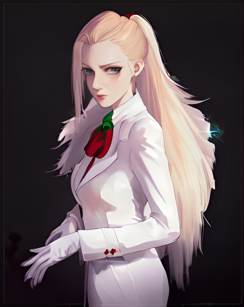 Prompt: Young adult Female , white fancy clothes , mafia , sharp green eyes , wearing gloves , red scarf , short golden hair tied on ponytail , calm emotion , looking at the camera ,ask cover half her face 