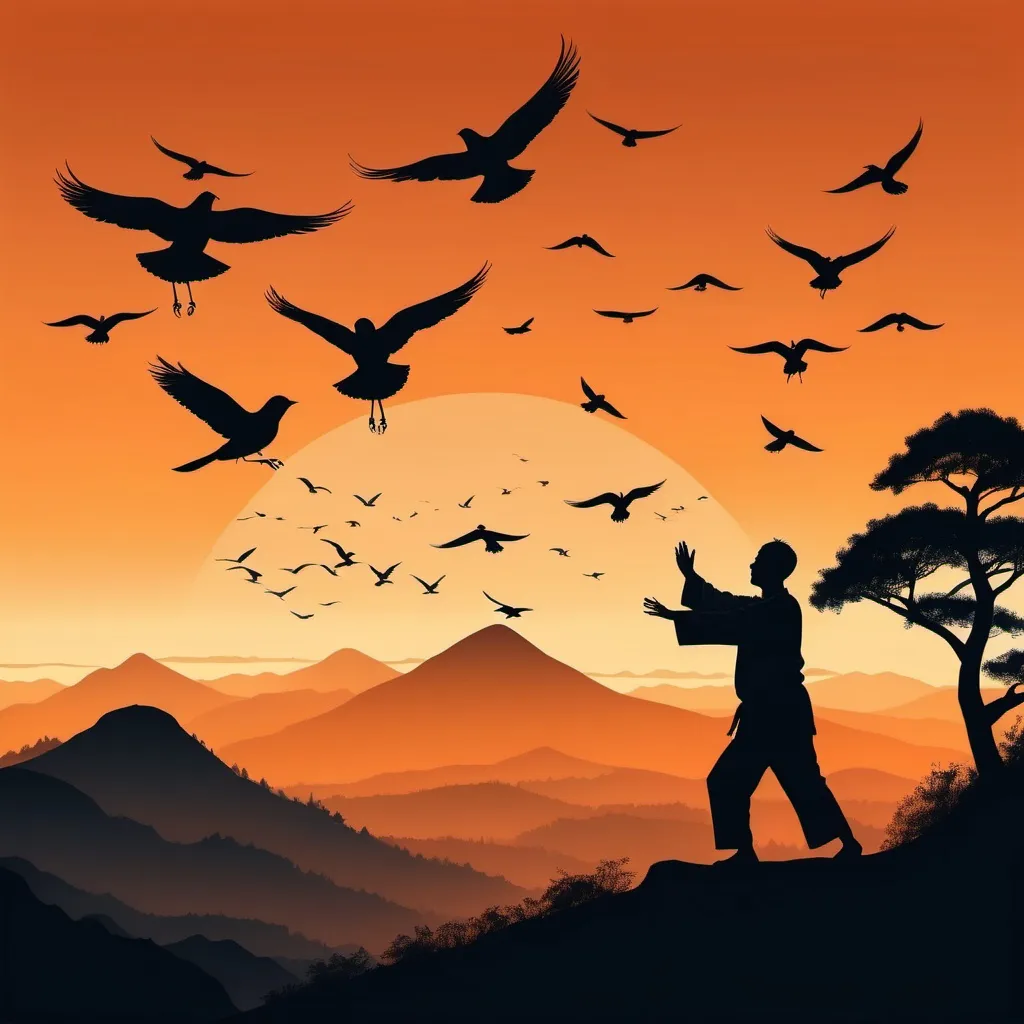 Prompt: A man facing a orange glow sunset doing tai chi on a mountain with . silhouette of birds in the sky and silhouette of trees on the mountain