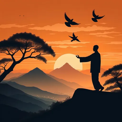 Prompt: A man facing a orange glow sunset doing tai chi on a mountain with .silhouette of a dove in the sky and silhouette of trees on the mountain