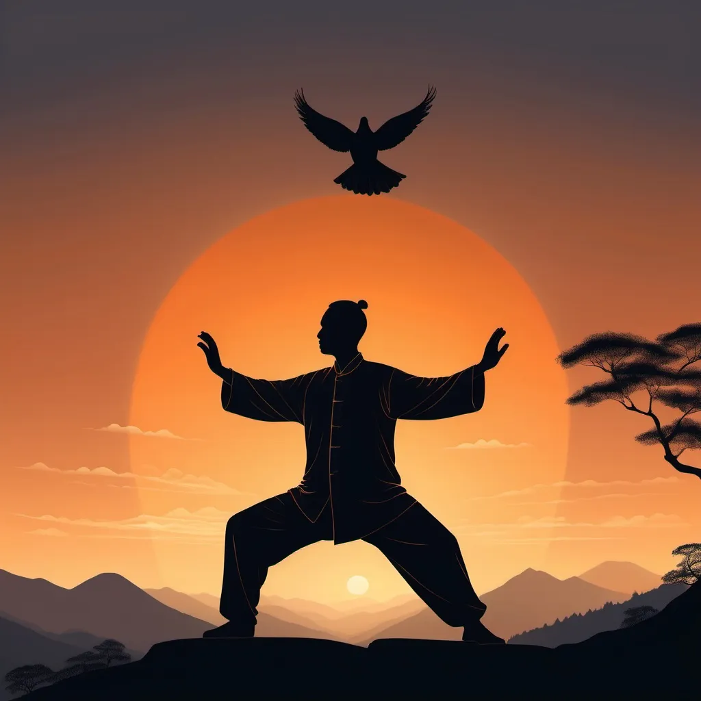 Prompt: A man facing a orange glow sunset doing tai chi on a mountain with .silhouette of a dove in the sky and silhouette of trees on the mountain