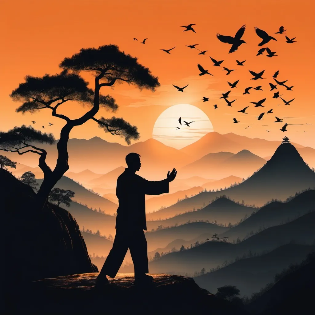 Prompt: A man facing a orange glow sunset doing tai chi on a mountain with . silhouette of birds in the sky and silhouette of trees on the mountain