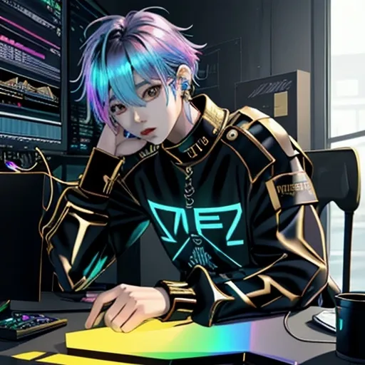 Prompt: unreal engine, kpop boy, iridescent gold