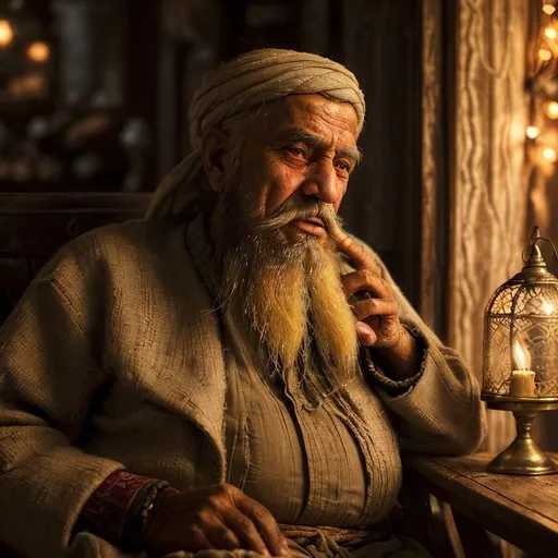 Prompt: (vivid depiction of an old Arab man) with a long, flowing beard, expressive facial features indicating wisdom and warmth, inspired ambiance, cozy setting filled with twinkling warm lights, immersed in storytelling, atmospheric background with soft shadows, detailed textures of clothing and surroundings, warm color palette reflecting emotional depth, (ultra-detailed) image quality to capture the essence of the moment.