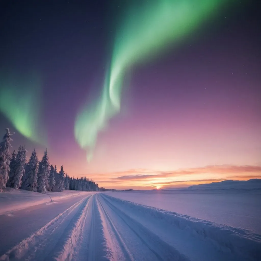 Prompt: the most peaceful sunset in the world, where northern lights can be seen, winter