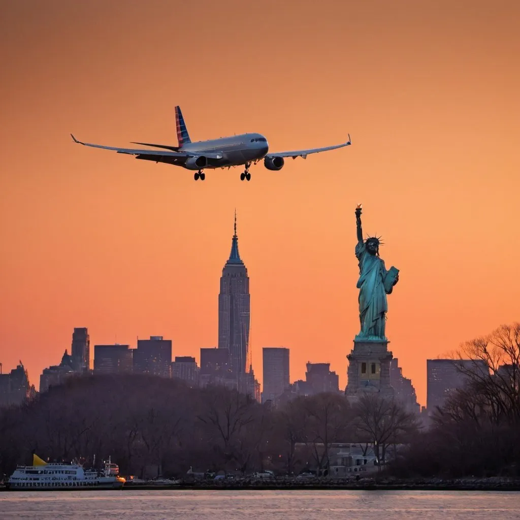 Prompt: Plane taking off where it is aligned with the sunset in New York
