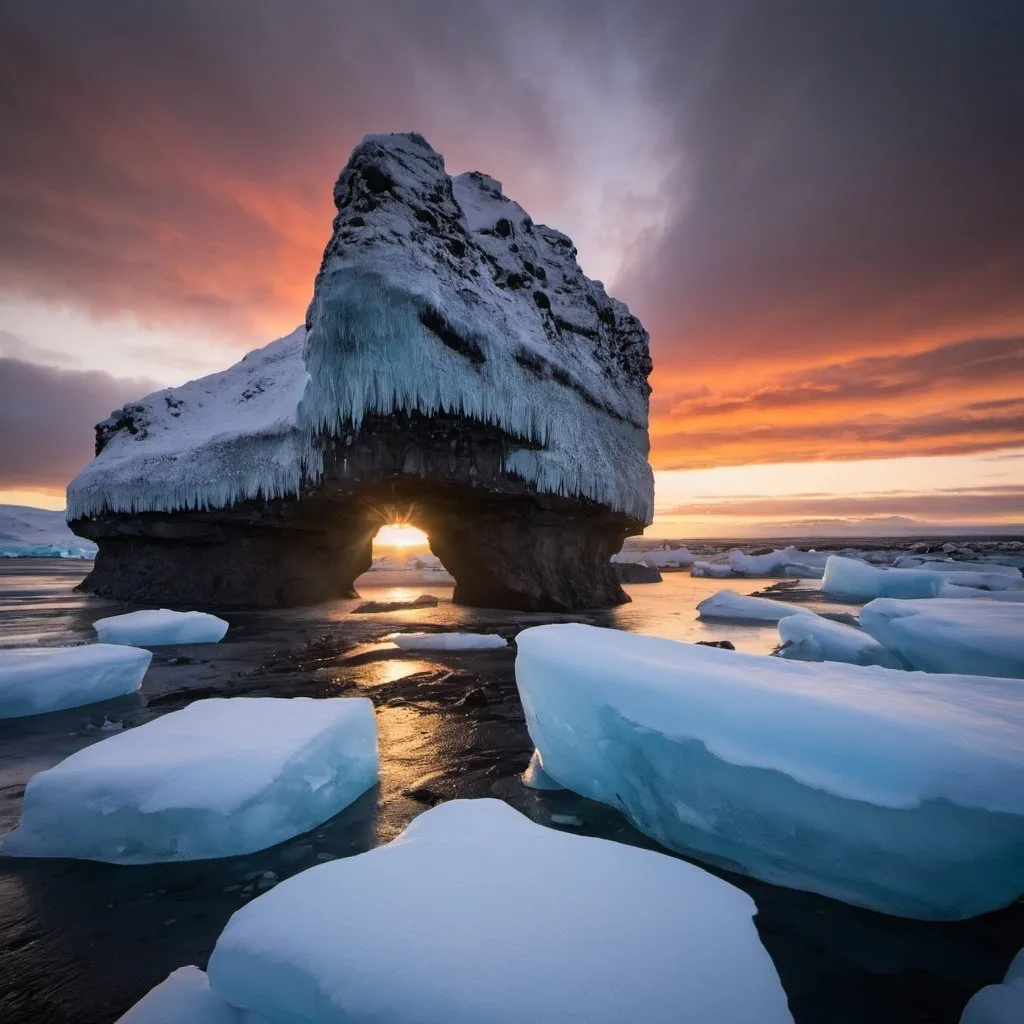 Prompt: Yoda cave Iceland, frozen sea, beautiful sunset, powerful winds