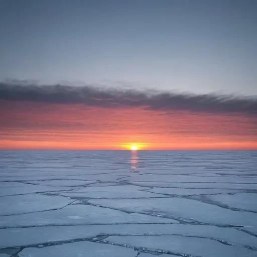 Prompt: sunset in the middle of a frozen sea, with nothing ahead