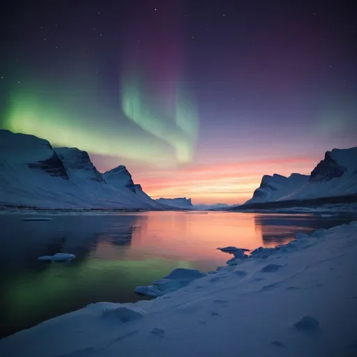 Prompt: the most peaceful sunset in the world, where northern lights can be seen, winter