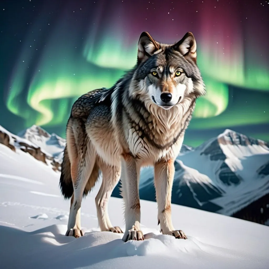 Prompt: Ultra-realistic wolf with clear details, in the middle of the totally snowy mountain, northern lights