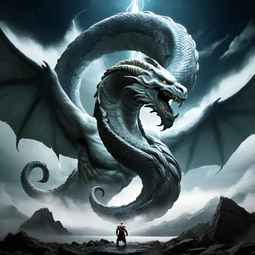 Prompt: High resolution, old version of Kratos, world serpent Jörmungandr, zeus appears in the sky, place: Niflheim