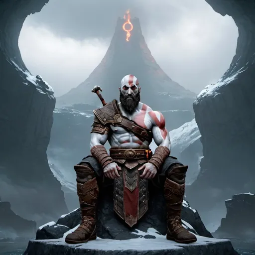 Prompt: the god of war sitting in the top of helheim