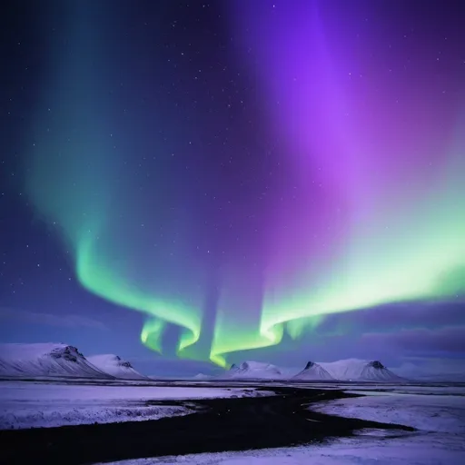 Prompt: BEautiful night sky with violet and blue northern lights in the middle of iceland