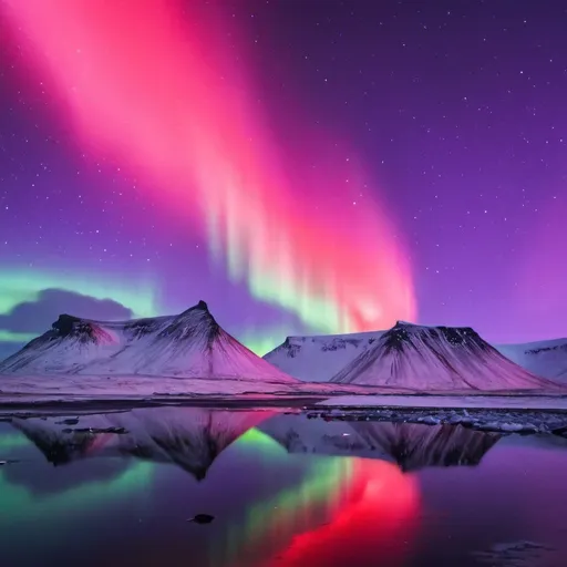 Prompt: BEautiful night sky with red and violet northern lights in the middle of iceland