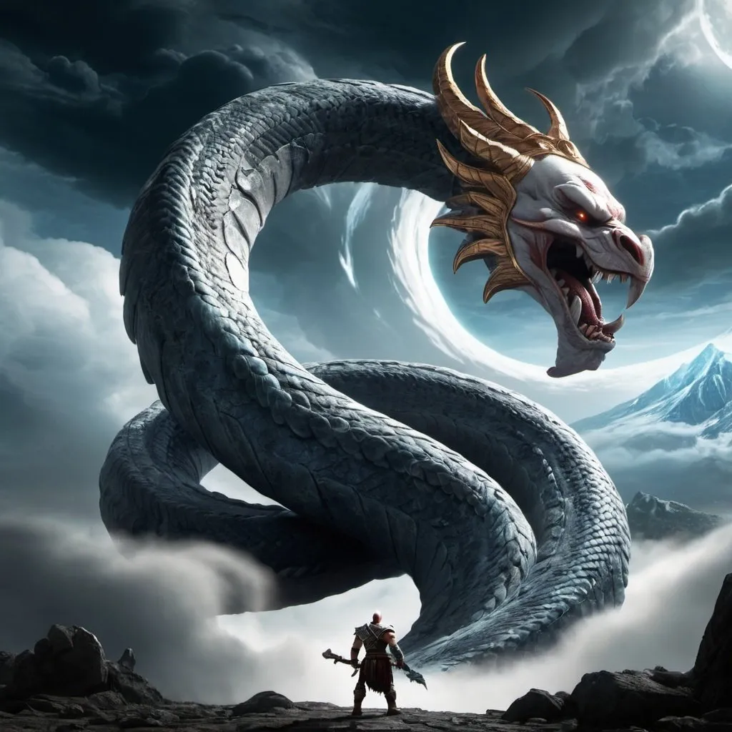 Prompt: High resolution, old version of Kratos, world serpent Jörmungandr, zeus appears in the sky, place: Niflheim