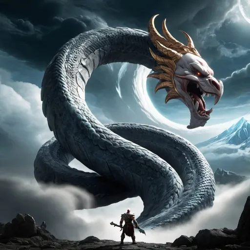 Prompt: High resolution, old version of Kratos, world serpent Jörmungandr, zeus appears in the sky, place: Niflheim