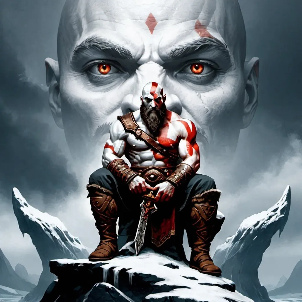 Prompt: the god of war sitting in the top of midgard