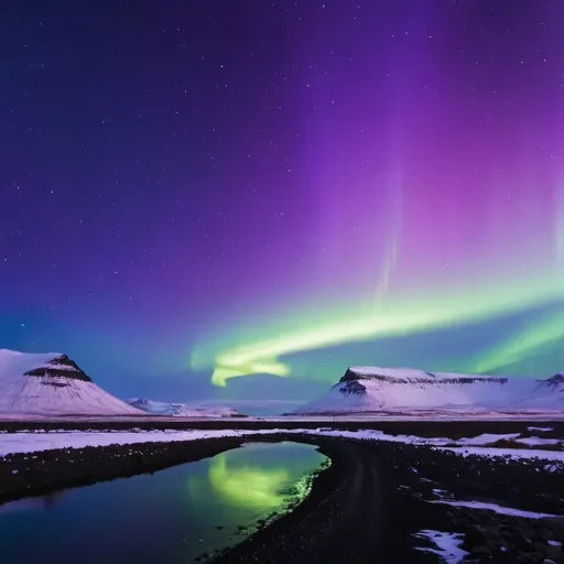 Prompt: BEautiful night sky with violet and blue northern lights in the middle of iceland
