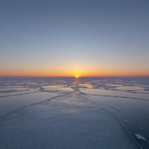 Prompt: sunset in the middle of a frozen sea, with nothing ahead