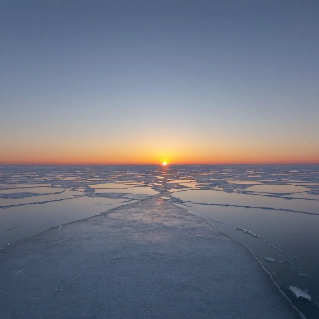 Prompt: sunset in the middle of a frozen sea, with nothing ahead