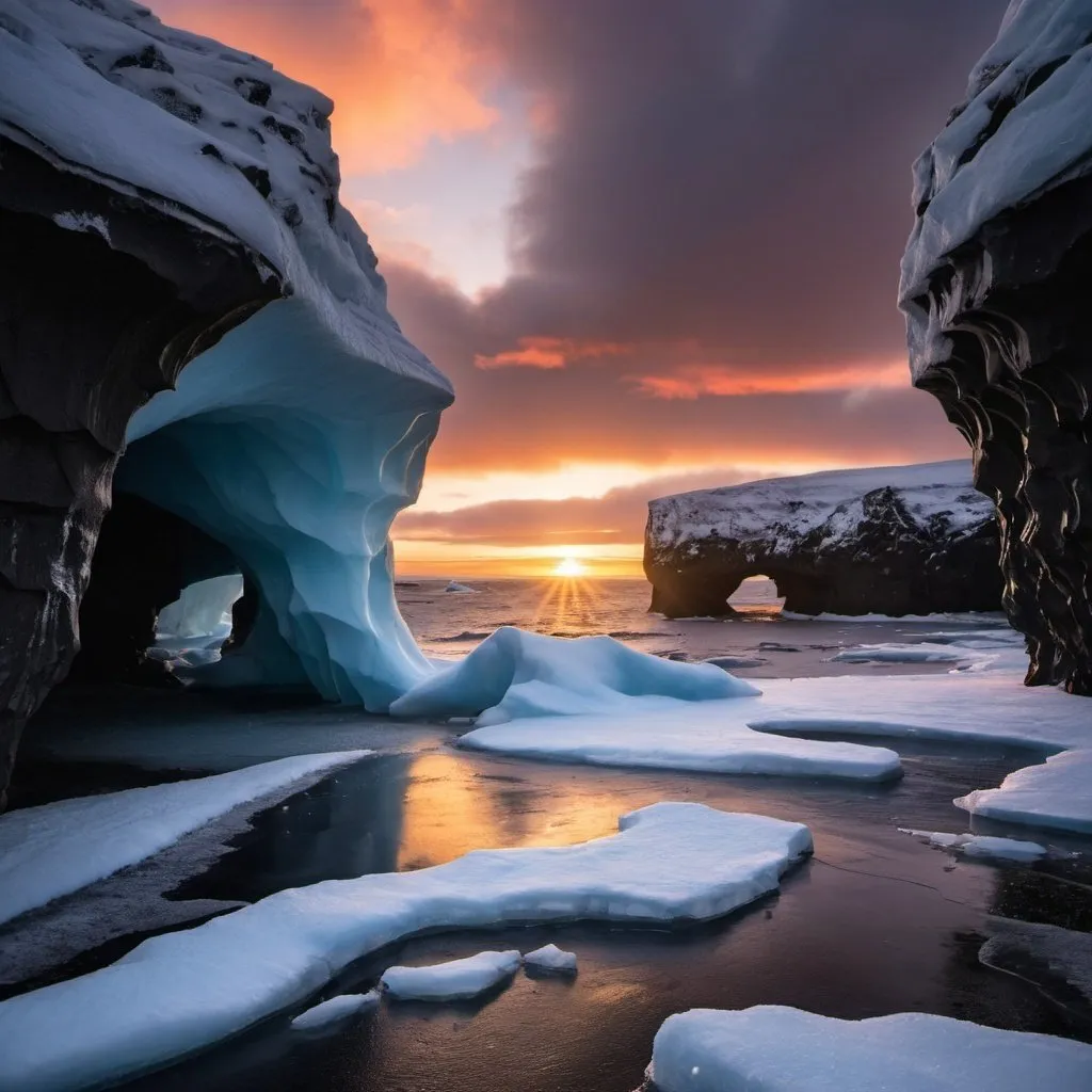 Prompt: Yoda cave Iceland, frozen sea, beautiful sunset, powerful winds