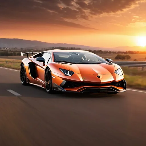 Prompt: Lamborghini Aventador SVJ, chasing the sunset, high quality