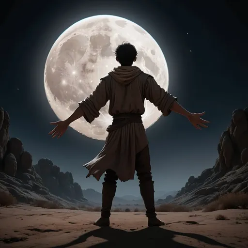 Prompt: A man opens his arms in the night facing a huge moon in The black desert and its covered with darkness 

