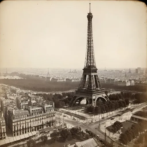 Prompt: "Una vista de la Torre Eiffel en construcción en 1887, con andamios y obreros trabajando en la estructura de metal. El fondo muestra un cielo despejado sobre París, con algunos edificios históricos visibles en la distancia. La imagen tiene un aspecto vintage, con colores deslavados, para capturar la época."