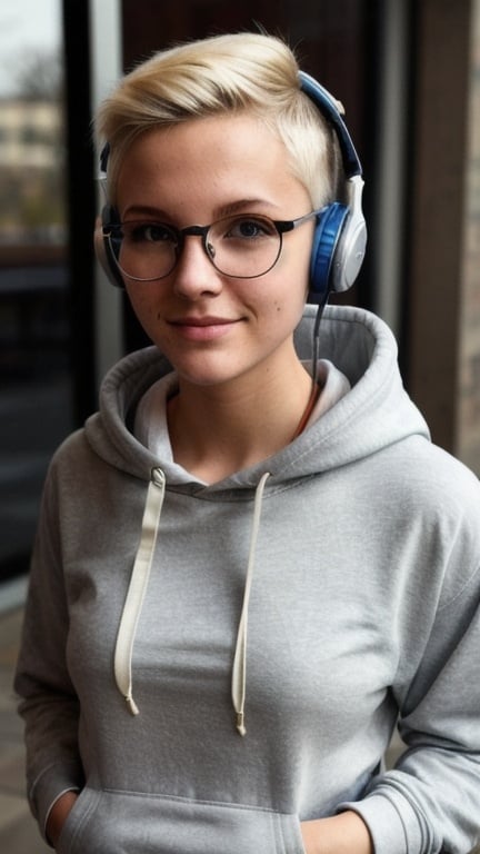 Prompt: Blonde, Half-Buzzed haircut, hoodie, headphones around neck, glasses, female college girl