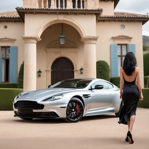 Prompt: a silver aston martin dbs supercar driving in front of a luxurious Spanish villa with a woman wearing a short black dress and long black hair and black high heels walking by the car