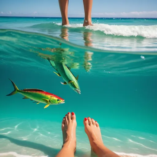 Prompt: a woman feet with red nail polish and her legs in turquoise water but the beach with a sea green surfboard beside her flowing on the water with a sun reflecting in the water and a mahi mahi fish swimming near her feet and a sea and a starfish on the bottom