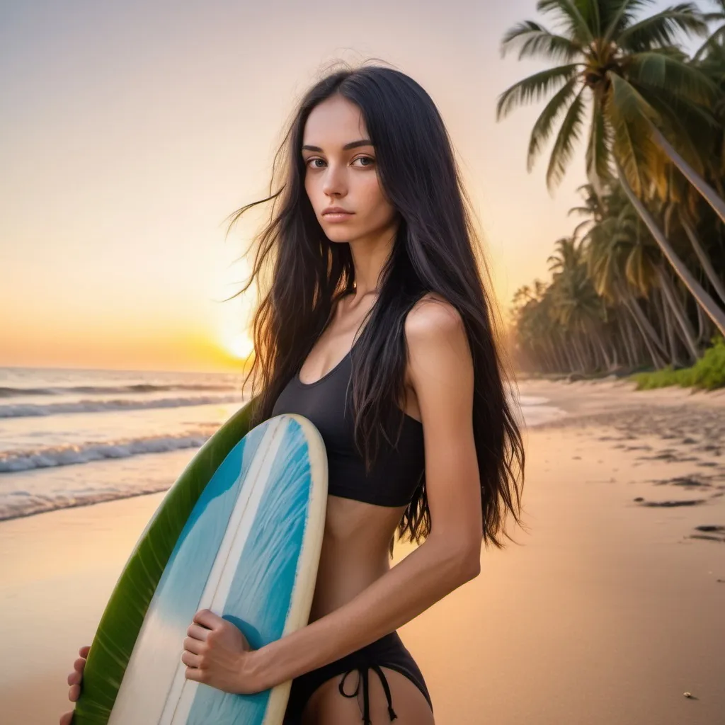 Prompt: a skinny surfer girl with silky long black hair on a beach with coconut palm trees with a sunset