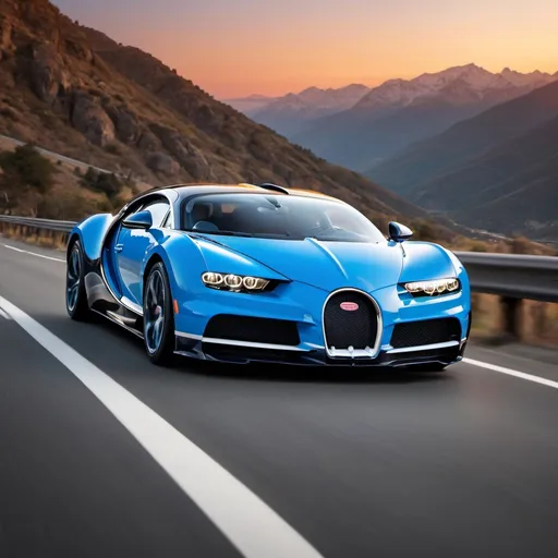 Prompt: a blue Bugatti supercar driving on an open road in the mountains with a sunset