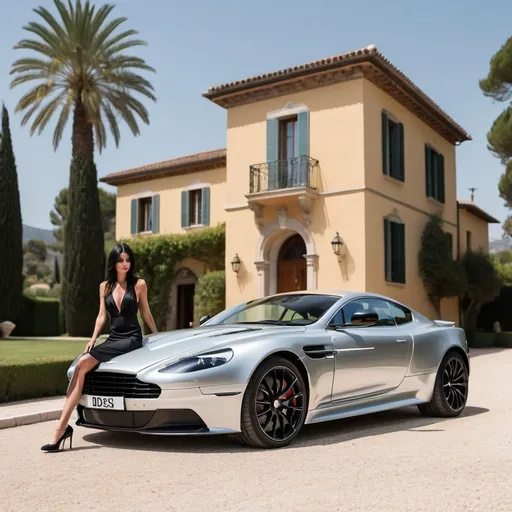 Prompt: a silver aston martin dbs supercar driving in front of a luxurious Spanish villa with a woman wearing a short black dress and long black hair and black high heels walking by the car