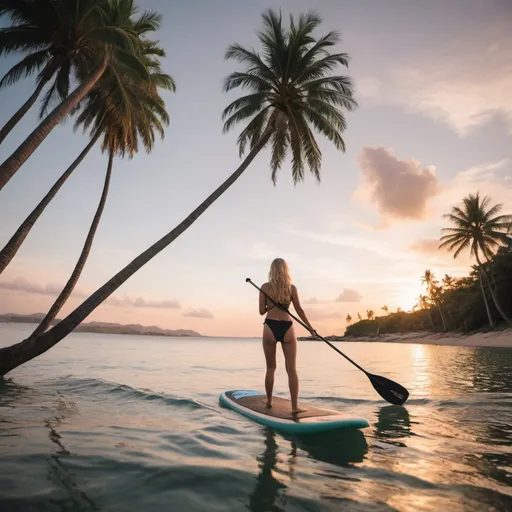 Prompt: a girl with wavy blond hair with a black swimsuit is paddle boarding near a beach with coconut palm tree and a sunset