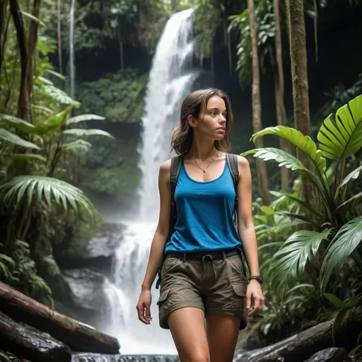 Prompt: a cool girl with a blue tanktop and black cargo shorts hiking in a tropical forest with a waterfall in the background 