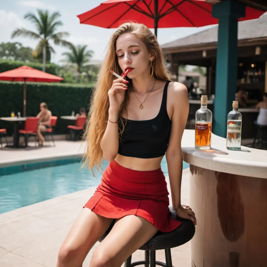 Prompt: a barefoot girl wearing a short black skirt and red tanktop with long golden hair sitting by a pool bar smoking a cigarette