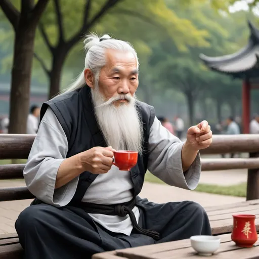 Prompt: a old chinesse man with white hair and a long white beard like a kung fu master sitting down at the park playing the game go while drinking tea