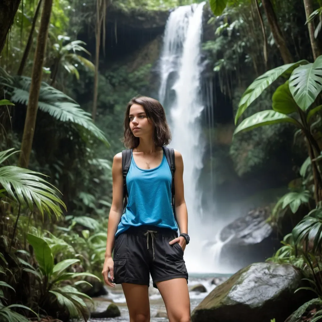 Prompt: a cool girl with a blue tanktop and black cargo shorts hiking in a tropical forest with a waterfall in the background 