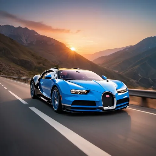 Prompt: a blue Bugatti supercar driving on an open road in the mountains with a sunset