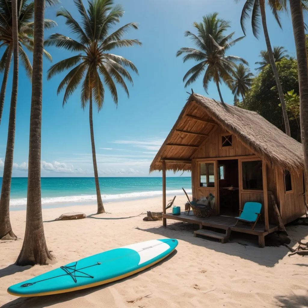 Prompt: a cabin made of wood on a beach with a turquoise paddle board, a hammock, a fire camp, coconut palm trees, a tropical forest in the background, and a sunrise, with a surfer girl with blue swimsuit with long black hair drinking in a coconut sitting on the beach