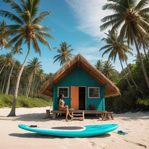 Prompt: a cabin made of wood on a beach with a turquoise paddle board, a hammock, a fire camp, coconut palm trees, a tropical forest in the background, and a sunrise, with a surfer girl with blue swimsuit with long black hair drinking in a coconut sitting on the beach