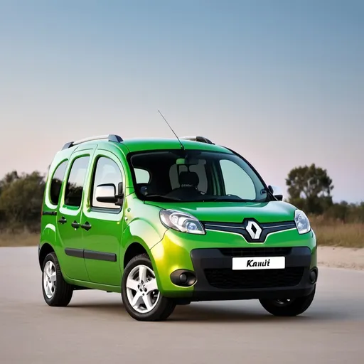 Prompt: Crea un vinilo de diseño minimalista enfocado en la parte baja de una Renault Kangoo II (2017-2020). El diseño debe incluir los siguientes elementos:

- **Hierbas:** De estilo sencillo y natural, en tonos verdes (#7BB661 y #4A754C), cubriendo la parte baja del diseño.
- **Diversidad:** Añade una gallina marrón (#8B4513) camuflada entre las hierbas, junto con pequeñas flores en amarillo y blanco, y insectos como mariposas o abejas. Incluye una pequeña cerca o una caseta de aves para reforzar el concepto de granja.
- **Estilo:** Usa tonos planos sin volúmenes, pero puedes incorporar degradados para añadir profundidad.

La imagen debe incluir una vista independiente de este diseño de la parte baja y una segunda vista mostrando cómo se ve aplicado en el lateral de la furgoneta Renault Kangoo.