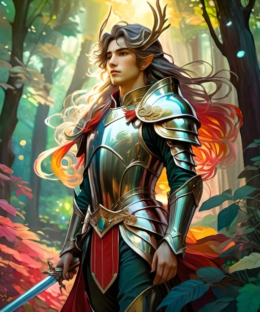 Prompt: Male elf king in armor in a vibrant forest, full body, long hair, epic, dark fantasy, 8k, high detail, cinematic, gritty, painterly, comic book art, Miho Hirano style, action, 2D art, vibrant color palette, atmospheric lighting