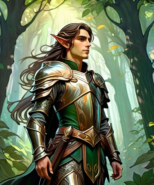 Prompt: a male elf wearing armor in a forest, trees, elf, epic, dark fantasy, 8k, vibrant, high detail, cinematic, gritty, painterly, artistic, dark fantasy, action, full body, painted style, artistic, digital art, long hair, comic book art, 2D art